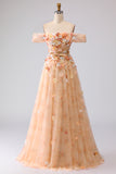 Off the Shoulder Champagne A Line Corset Tulle Long Prom Dress with 3D Flowers