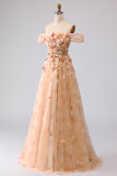 Off the Shoulder Champagne A Line Corset Tulle Long Prom Dress with 3D Flowers