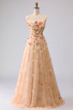 Off the Shoulder Champagne A Line Corset Tulle Long Prom Dress with 3D Flowers