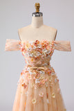 Off the Shoulder Champagne A Line Corset Tulle Long Prom Dress with 3D Flowers