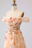 Off the Shoulder Champagne A Line Corset Tulle Long Prom Dress with 3D Flowers