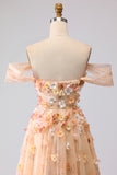 Off the Shoulder Champagne A Line Corset Tulle Long Prom Dress with 3D Flowers