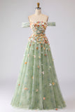 Off the Shoulder Champagne A Line Corset Tulle Long Prom Dress with 3D Flowers