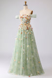Off the Shoulder Champagne A Line Corset Tulle Long Prom Dress with 3D Flowers