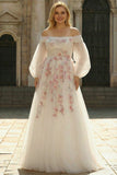 White Off the Shoulder Appliqued A Line Plus Size Long Prom Dress with Sleeves