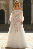 Off the Shoulder White Appliqued A Line Long Prom Dress with Sleeves