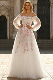 Off the Shoulder White Appliqued A Line Long Prom Dress with Sleeves