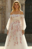 Off the Shoulder White Appliqued A Line Long Prom Dress with Sleeves