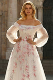 Off the Shoulder White Appliqued A Line Long Prom Dress with Sleeves