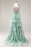 Blue Pink Flower Tiered Ruffled Ruched Spaghetti Straps A Line Long Prom Dress