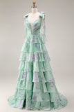 Blue Pink Flower Tiered Ruffled Ruched Spaghetti Straps A Line Long Prom Dress
