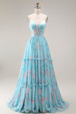 A Line Blue Pink Flower Ruffled Spaghetti Straps Long Prom Dress