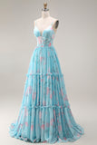A Line Blue Pink Flower Ruffled Spaghetti Straps Long Prom Dress