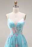 A Line Blue Pink Flower Ruffled Spaghetti Straps Long Prom Dress