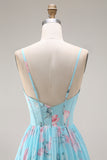 A Line Blue Pink Flower Ruffled Spaghetti Straps Long Prom Dress