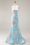Mermaid Blue Pink Floral Ruffled Spaghetti Straps Long Prom Dress