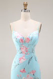 Mermaid Blue Pink Floral Ruffled Spaghetti Straps Long Prom Dress