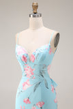 Mermaid Blue Pink Floral Ruffled Spaghetti Straps Long Prom Dress