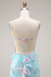 Mermaid Blue Pink Floral Ruffled Spaghetti Straps Long Prom Dress