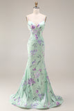 Mermaid Blue Pink Floral Ruffled Spaghetti Straps Long Prom Dress