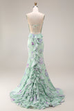 Mermaid Blue Pink Floral Ruffled Spaghetti Straps Long Prom Dress