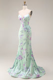 Mermaid Blue Pink Floral Ruffled Spaghetti Straps Long Prom Dress