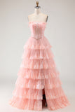 Tiered Blush Corset Appliqued Prom Dress with Ruffles