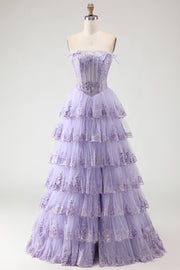 Lilac Tiered Corset Appliqued Ruffled Prom Dress