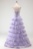 Lilac Tiered Corset Appliqued Ruffled Prom Dress