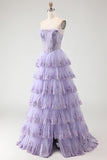 Lilac Tiered Corset Appliqued Ruffled Prom Dress