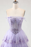 Lilac Tiered Corset Appliqued Ruffled Prom Dress