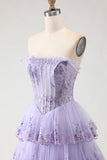 Lilac Tiered Corset Appliqued Ruffled Prom Dress