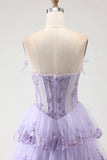 Lilac Tiered Corset Appliqued Ruffled Prom Dress