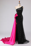 Sparkly Black One Shoulder Mermaid Sequin Sweetheart Long Prom Dress with Slit
