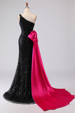 Sparkly Black One Shoulder Mermaid Sequin Sweetheart Long Prom Dress with Slit