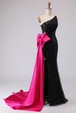 Sparkly Black One Shoulder Mermaid Sequin Sweetheart Long Prom Dress with Slit
