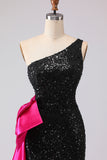 Sparkly Black One Shoulder Mermaid Sequin Sweetheart Long Prom Dress with Slit
