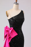 Sparkly Black One Shoulder Mermaid Sequin Sweetheart Long Prom Dress with Slit