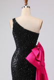 Sparkly Black One Shoulder Mermaid Sequin Sweetheart Long Prom Dress with Slit