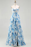 Tiered Strapless White Blue Floral Corset Long Prom Dress