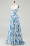Tiered Strapless White Blue Floral Corset Long Prom Dress