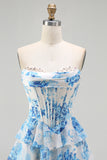 Tiered Strapless White Blue Floral Corset Long Prom Dress
