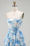 Tiered Strapless White Blue Floral Corset Long Prom Dress