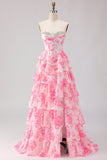 White Pink Flower Sweetheart Corset Ruffle Tiered A Line Long Prom Dress With Slit