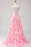 White Pink Flower Sweetheart Corset Ruffle Tiered A Line Long Prom Dress With Slit