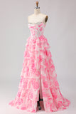 White Pink Flower Sweetheart Corset Ruffle Tiered A Line Long Prom Dress With Slit