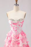 White Pink Flower Sweetheart Corset Ruffle Tiered A Line Long Prom Dress With Slit