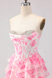 White Pink Flower Sweetheart Corset Ruffle Tiered A Line Long Prom Dress With Slit