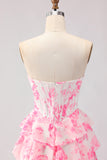 White Pink Flower Sweetheart Corset Ruffle Tiered A Line Long Prom Dress With Slit