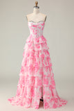 White Pink Floral Tiered Strapless Corset A Line Prom Dress